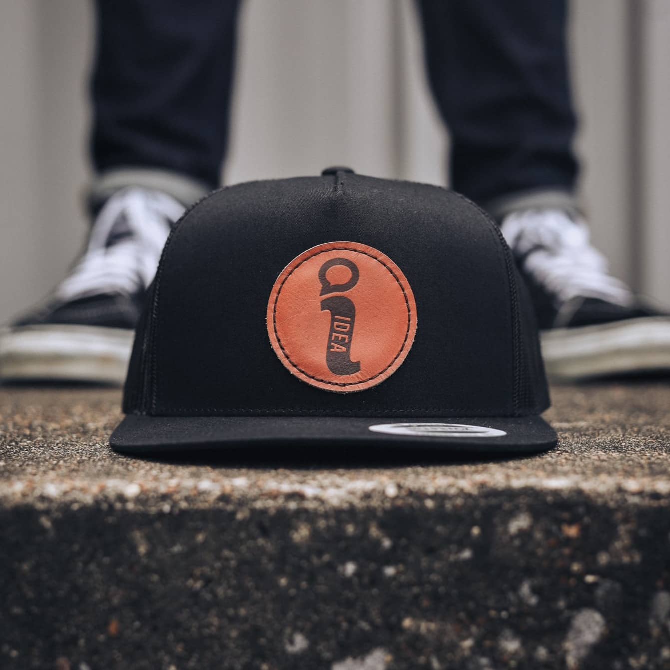 bigidesign-leather-patch-trucker-hat-cap-high-crown image 1