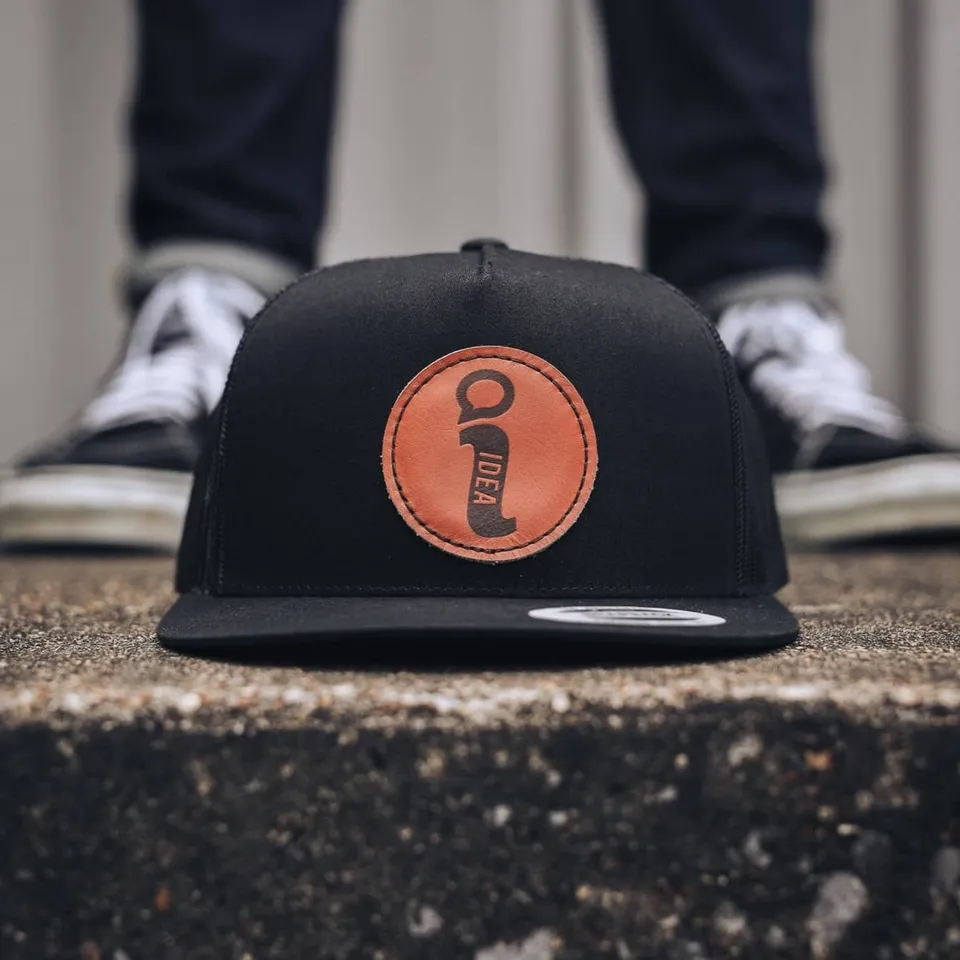 bigidesign-leather-patch-trucker-hat-cap-high-crown image 1